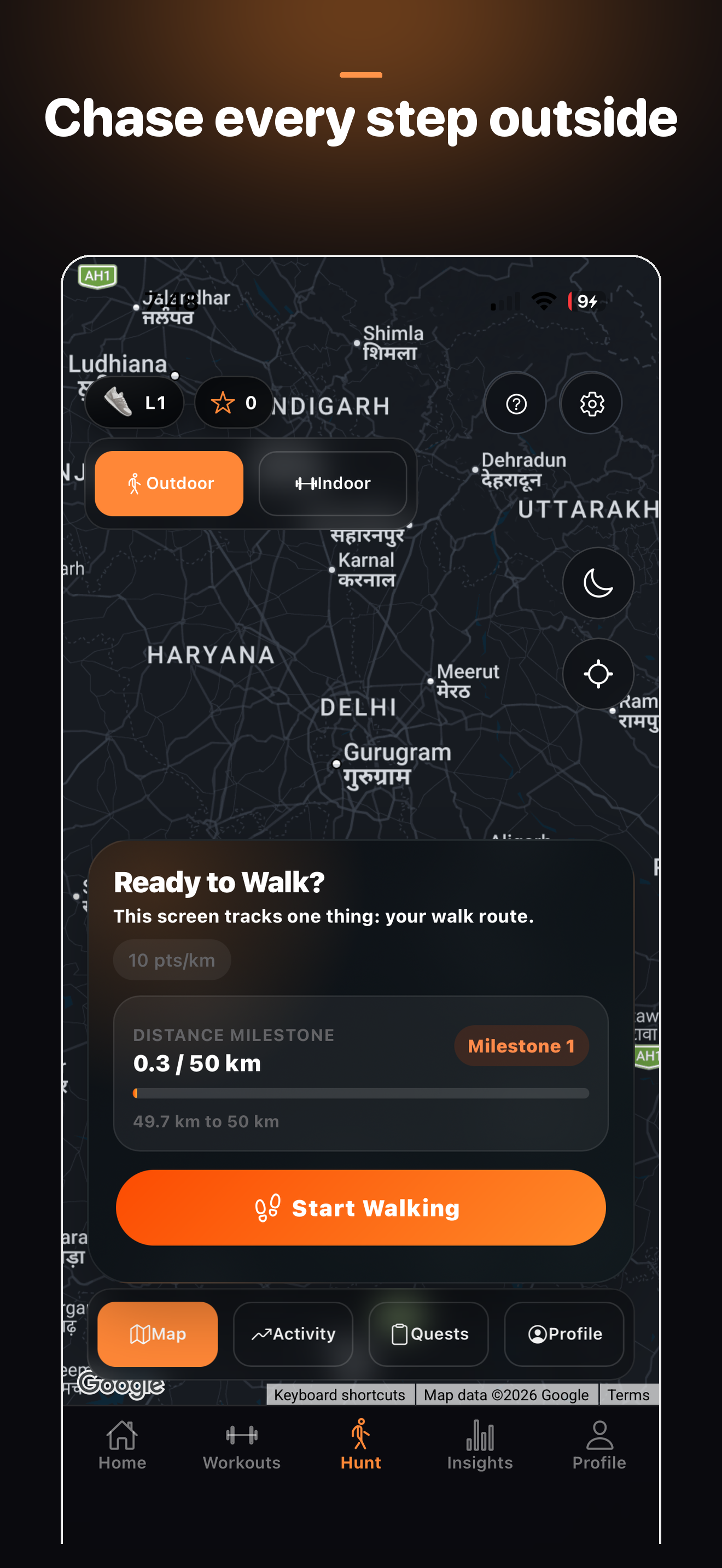 Liftz Hunt GPS move-tracking screen