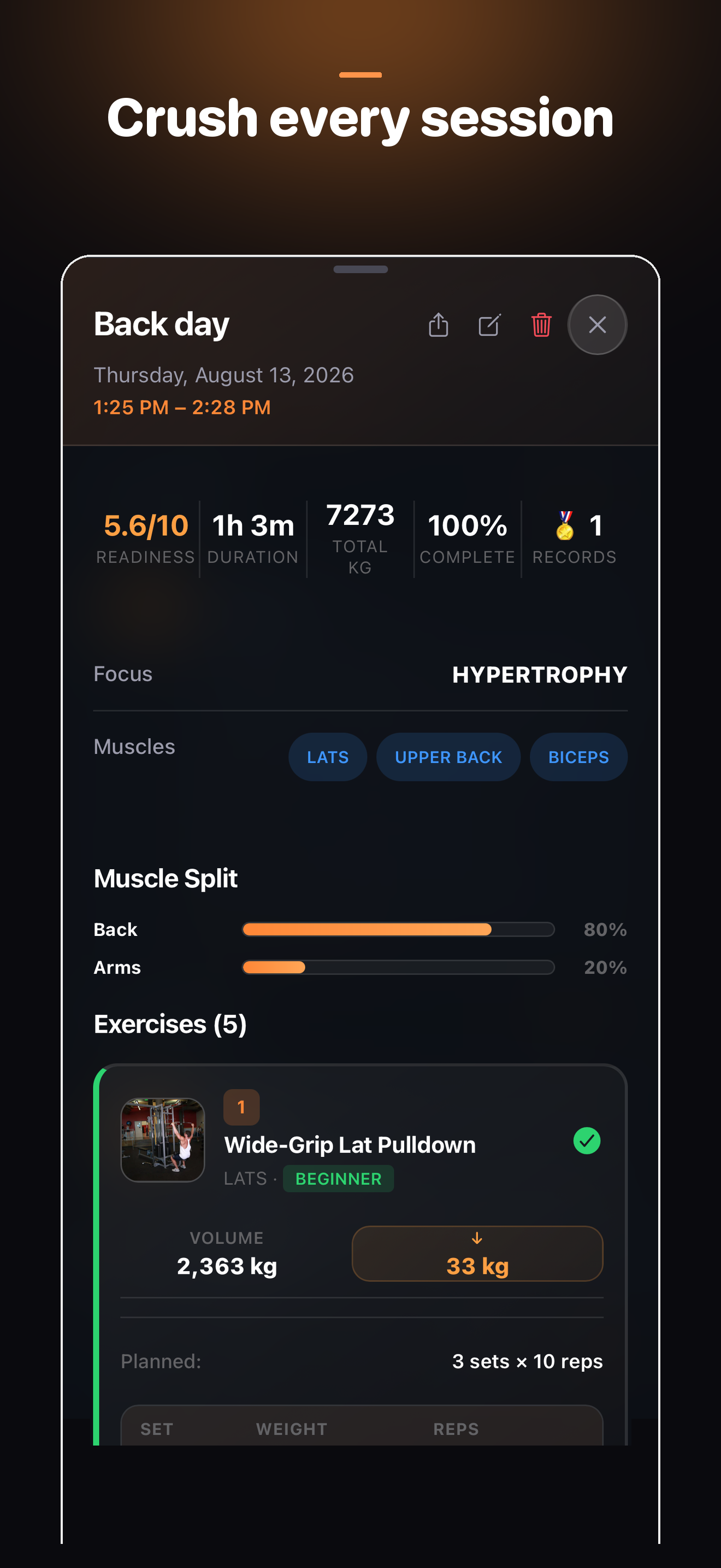 Liftz workout session with Muscle Split screen