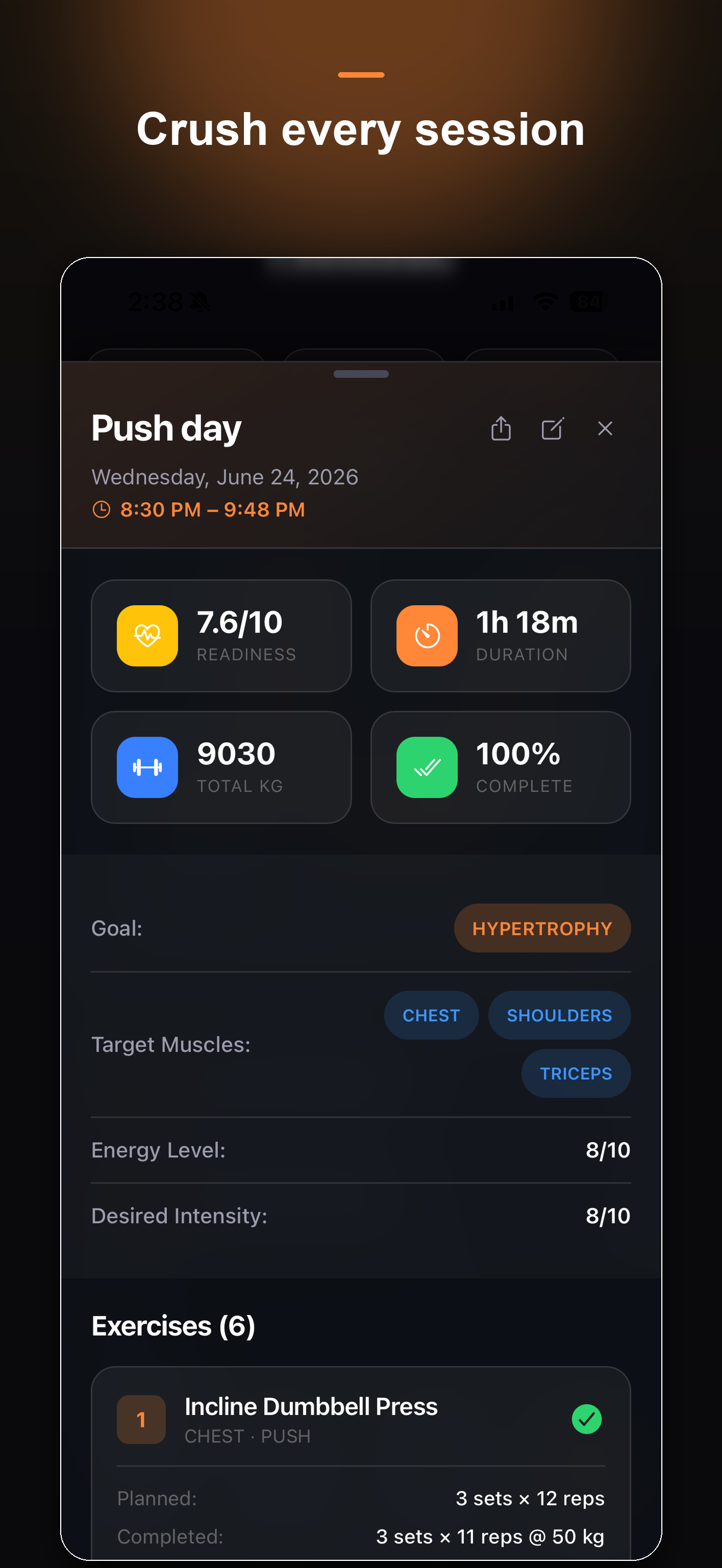 Liftz workout session summary screen