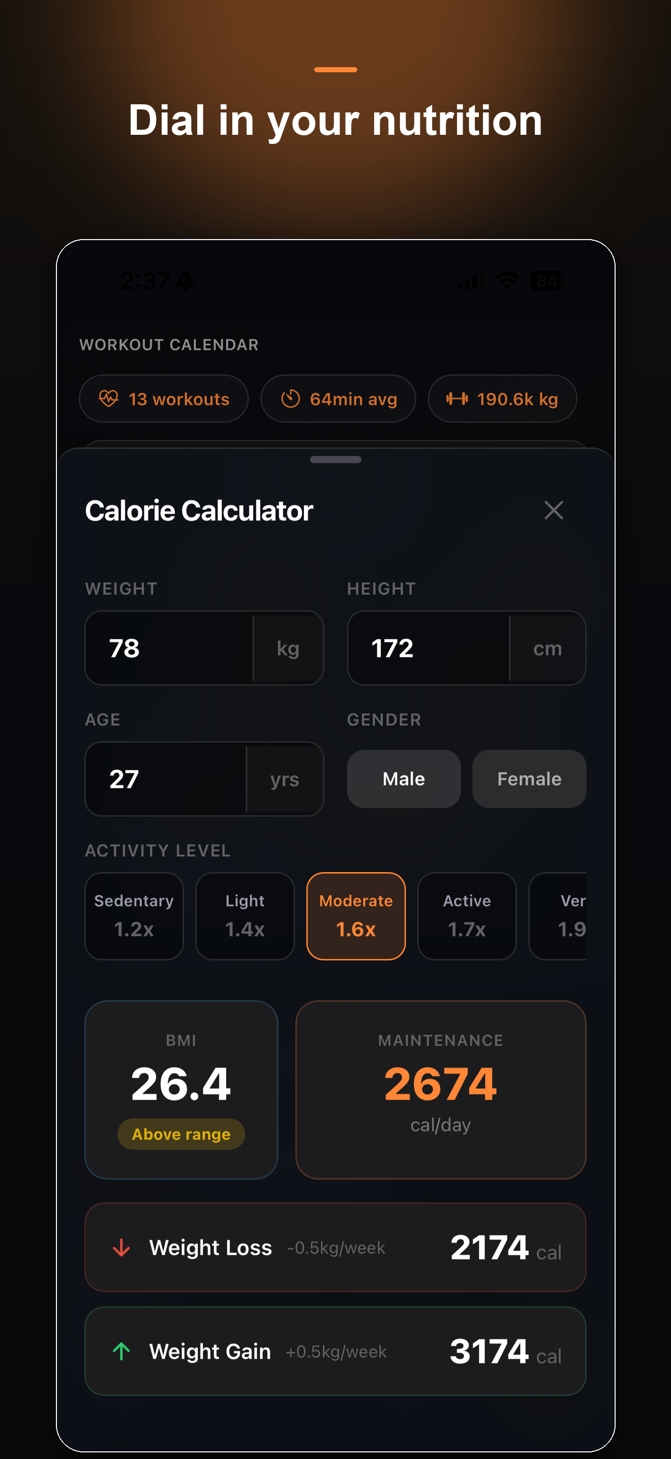 Liftz calorie calculator screen